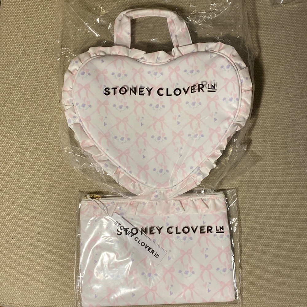 Stoney Clover Lane High Tea Printed Ruffle Mini Heart Tote Bag and flat pouch